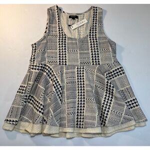 RD+Koko Geometric Tribal Peplum Tank Top Womens L Navy Cream Boho Festival Artsy